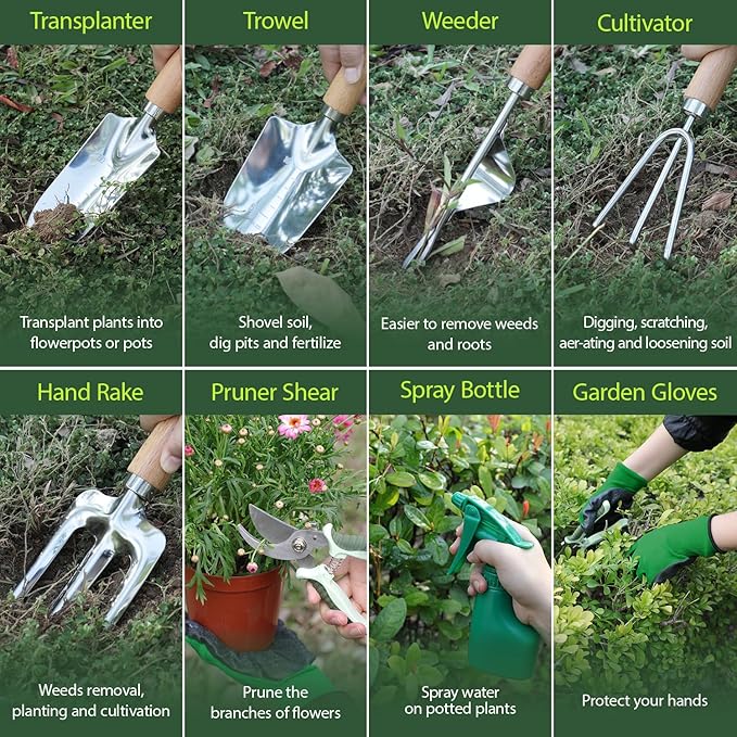 Garden Tool Set, 10 Piece Kit with Heavy Duty Folding Stool, Detachable Storage Tote Bag, Stainless Steel Tools, Gifts for Women Men Green-PawvioPets