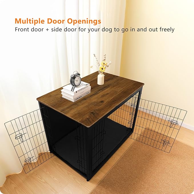 DWANTON Dog Crate Furniture with Cushion, Wooden Kennel Table with Double Doors, Indoor Dog House, Extra Large Size, 43.3" L, Black+Warm Brown-PawvioPets