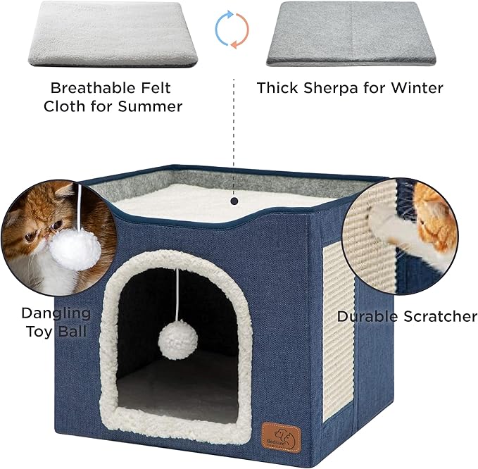 Bedsure Cat Beds for Indoor Cats - Large Cat Cave for Pet Cat House with Fluffy Ball Hanging and Scratch Pad, Foldable Cat Hideaway, 16.5x16.5x13 inches, Blue-PawvioPets