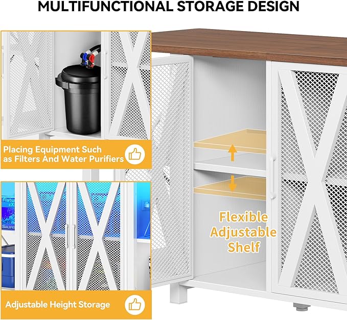 DWVO 75-120 Gallon Aquarium Stand with Power Outlet & LED Light, Cabinet for Accessories Storage - Heavy Duty Metal Fish Tank Stand Suitable for Turtle Tank, Reptile Terrarium, 2000LBS Capacity, White-PawvioPets
