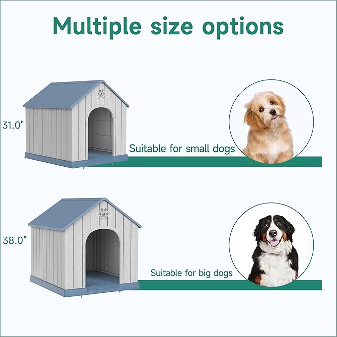 DRATO Indoor Outdoor Waterproof Dog House,PP Material,Puppy Shelter with Air Vents and Elevated Floor,Sturdy Dog Kennel for Small to Large Sized Dogs, Easy to Assemble (Blue, 38.62×36.26×38.07 Inches)-PawvioPets