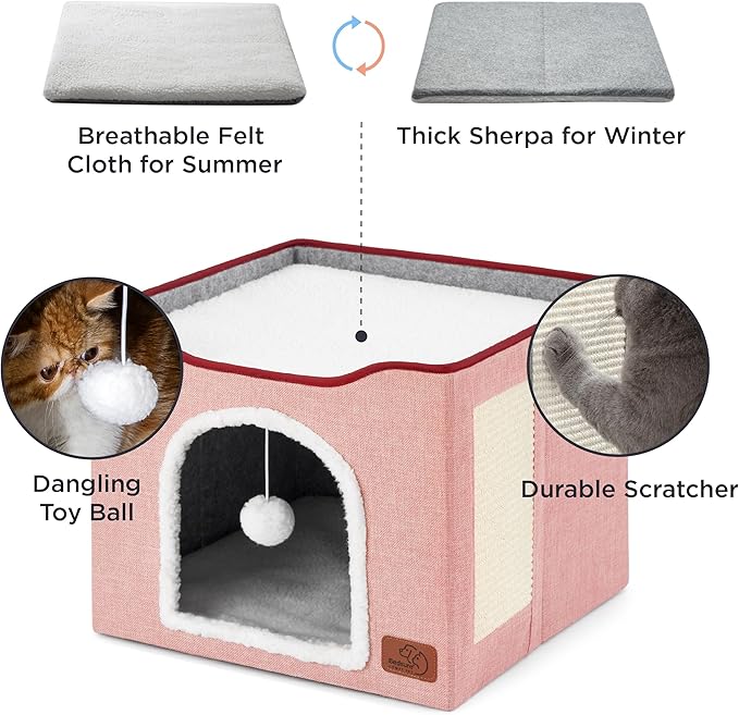 Bedsure Cat Beds for Indoor Cats - Large Cat Cave for Pet Cat House with Fluffy Ball Hanging and Scratch Pad, Foldable Cat Hideaway,16.5x16.5x13 inches, Pink-PawvioPets