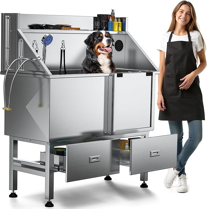 DWVO Professional Dog Bathing Station Stainless Steel 304 Dog Bathtub 50in for Grooming w/Left Door Ramp, 2 Storage Drawers, Faucet, Grate, Pet Washing Station for Large, Medium, Small Pets-PawvioPets
