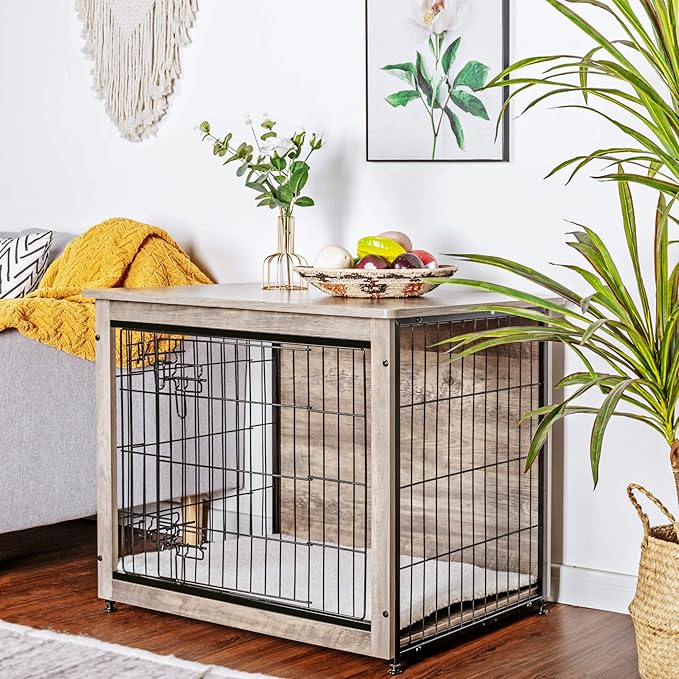 DWANTON Dog Crate Furniture with Cushion, Wooden Kennel Table with Double Doors, Indoor Dog House, Medium Size, 32.5" L, Greige-PawvioPets