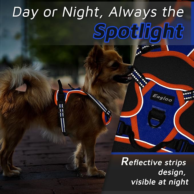 Eagloo Small Dog Harness No Pull, Service Vest with Reflective Strips and Control Handle, Adjustable and Comfortable for Walking, No Choke Pet Harness with 2 Metal Rings, Blue & Orange, XS-PawvioPets