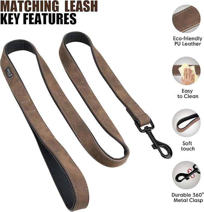 Didog Soft Padded Leather Dog Collar and Leash Set, Adjustable Dog Leash and Collar Set with Metal Buckle, Breathable Dog Collars with 4FT Leather Dog Leash for Small Medium Large Dogs, Brown, XL-PawvioPets
