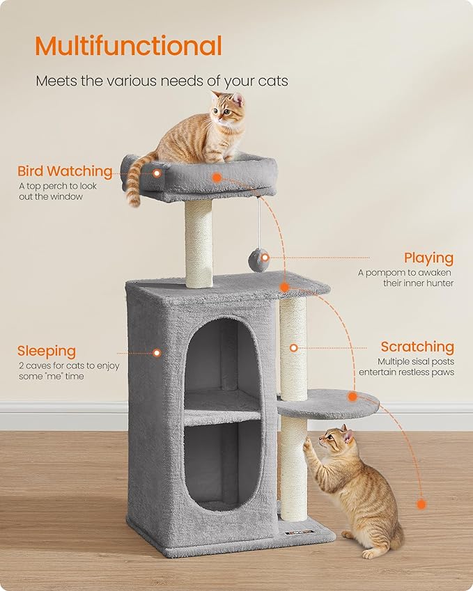 Feandrea Cat Tree Tower with 2 Caves for Multi-Cat Households, Kittens, Scratching Posts, Light Gray UPCT005G01-PawvioPets