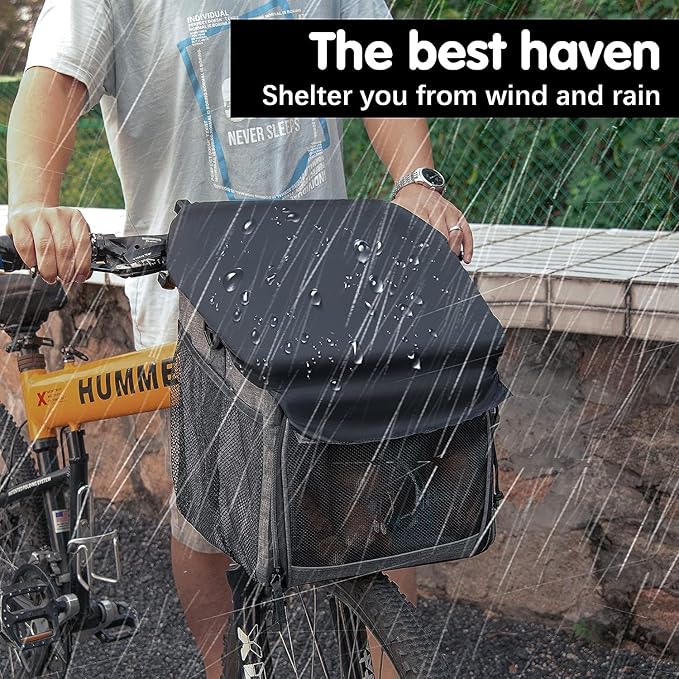 Dog Bike Basket Carrier, Pet Bicycle Front Carrier Backpack for Bike Riding Foldable Removable, Reflective Strips, 2 Side Storage Pockets, Pet Travel Bag for Cats Small Dogs-PawvioPets