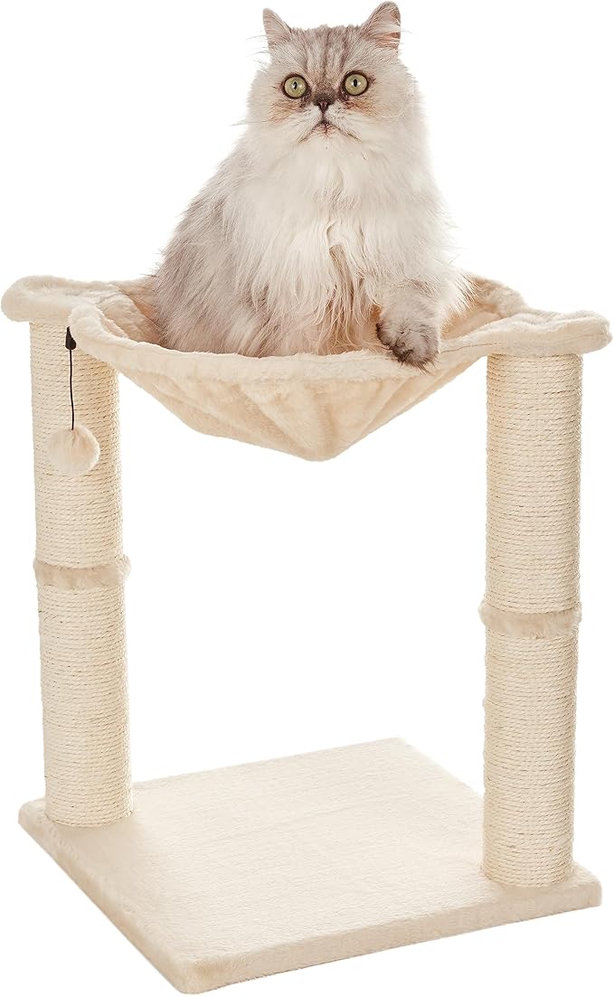 Amazon Basics Cat Condo Tower with Hammock Bed and Scratching Post,Easy to Assemble,Plush Hammock,Interactive Hanging Ball,Durable Sisal Scratch Posts for Indoor Cats, 15.8 x 15.8 x 19.7 Inches, Beige-PawvioPets