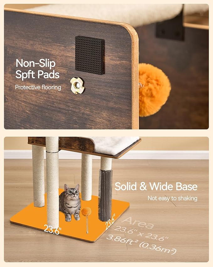 FourFurPets 43.7" Cat Tree, Modern Cat Tree Tower, Cat Tower for Indoor Cats Large Adult, Cat Condo with Scratching Post, Large Perch and Removable Pads,Rustic Brown-PawvioPets