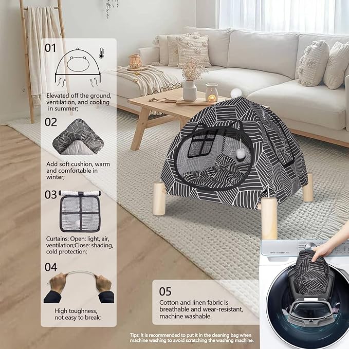 2-in-1 Elevated Cat Tent Cat House, Quick Assembly and Disassembly, Portable Indoor/Outdoor Cute Cat Bed Cave-Black Diamond Pattern-PawvioPets