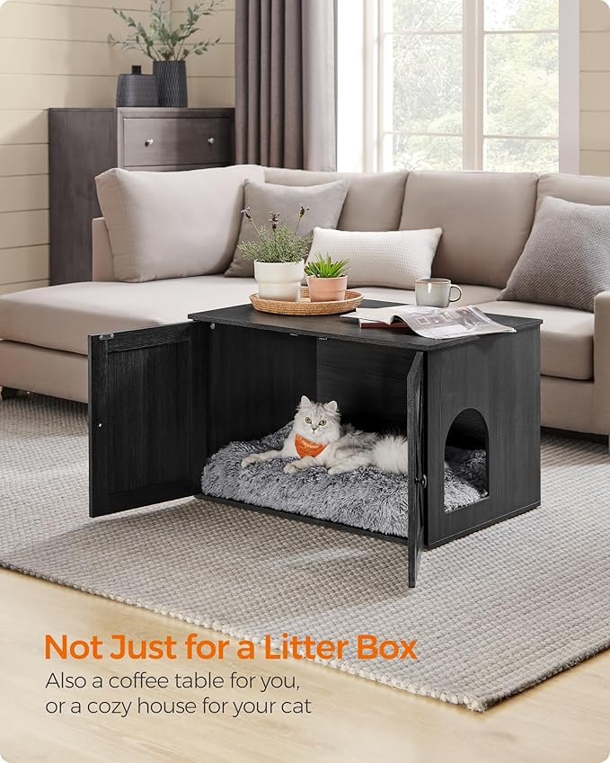 Feandrea Cat Litter Box Enclosure, Litter Box Furniture Hidden with Removable Divider, Indoor Cat House, End Table, 31.5 x 20.9 x 19.7 Inches, Ink Black UPCL002B01-PawvioPets