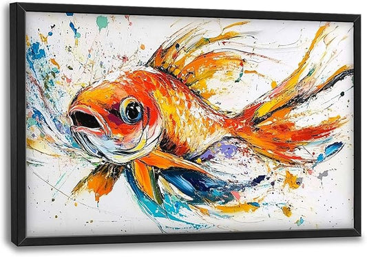 Framed Large Fish Wall Art for Living Room, Oversized Graffiti Goldfish Wall Decor Watercolor Fishing Canvas Painting Modern Artwork Home Decoration for Living Room Bedroom Office 36"x24"-PawvioPets