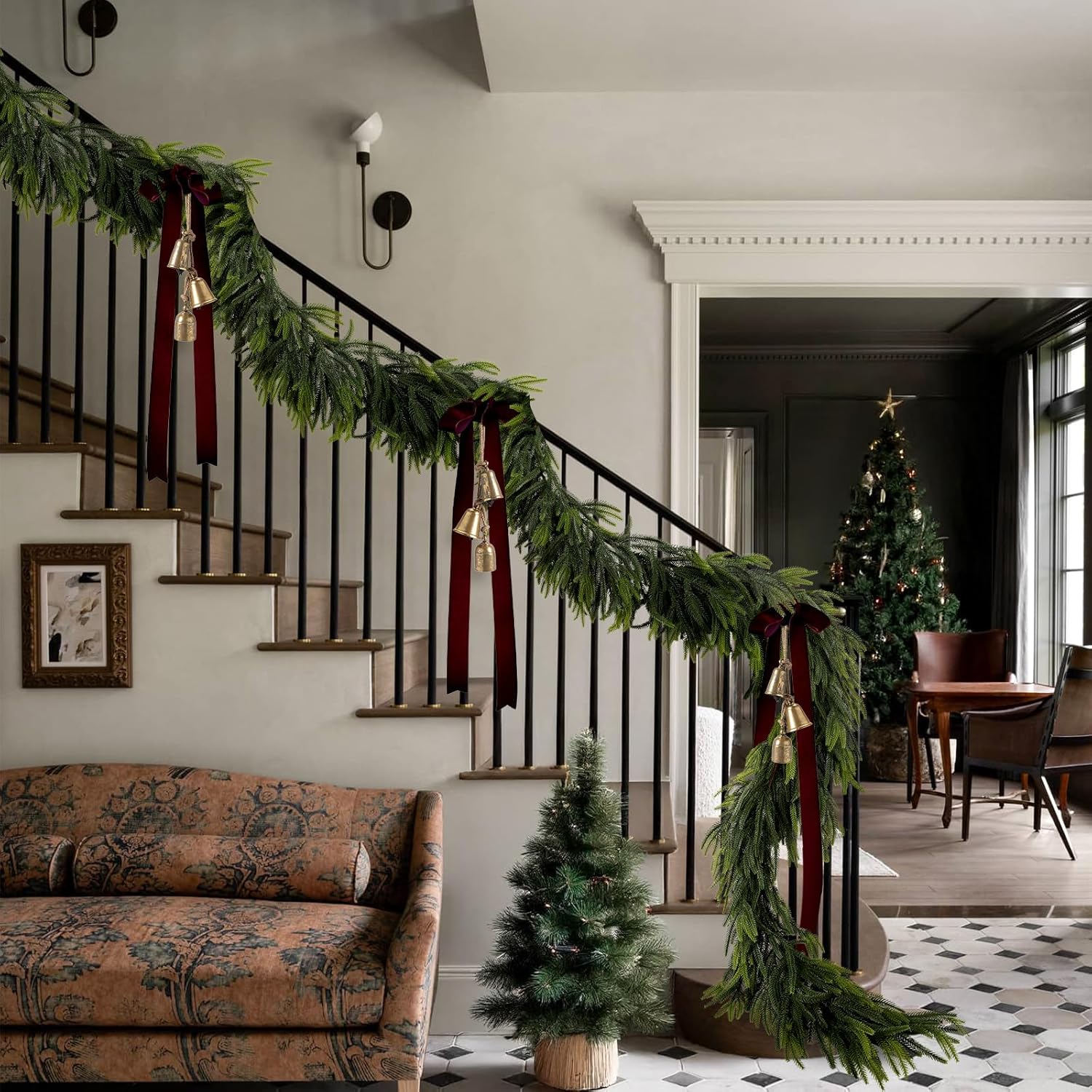 N&T NIETING 9FT Christmas Norfolk Pine Garland, Real Touch Pine Garlands Faux Greenery Garland Winter Christmas Garland for Table Mantle Holiday Indoor Outdoor Xmas Decorations (4 Pcs)