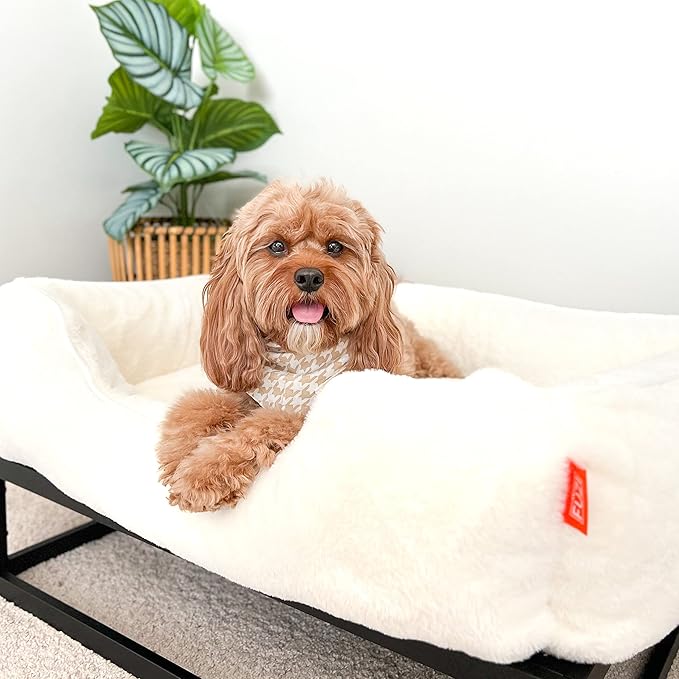 FUZI Luxury Aesthetic Dog Bed for Medium Dogs with Washable Cover, Pet Couch, Pet Bed with Sides, Non-Slip Bottom, Soft and Durable Calming Dog Bed, Faux Rabbit Fur, Medium 31.75x23.6x9.5 Soft White-PawvioPets