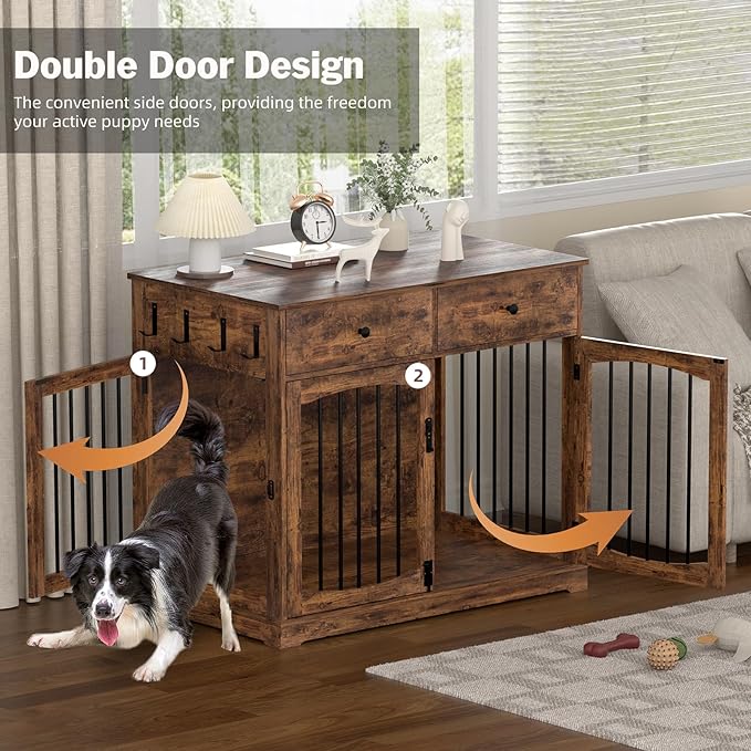 40 Inch Furniture-Style Dog Crate-Multipurpose Wood Pet Crate Furniture with Double Doors,2 Drawers, Decorative Dog House Indoor for Smal/Medium Dogs, Brown Finish-PawvioPets