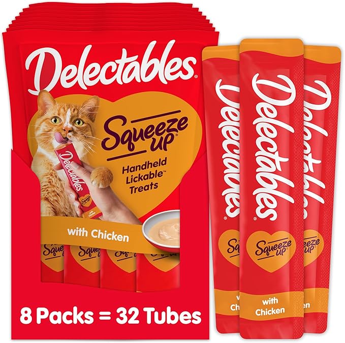 Delectables Squeeze Up Creamy Squeezable Puree, Lickable Wet Cat Treats, Grain Free, No Added Fillers, No By-Products, No Added Preservatives, 0.5 Ounces Tube Chicken Flavor, 32 Tubes Total-PawvioPets