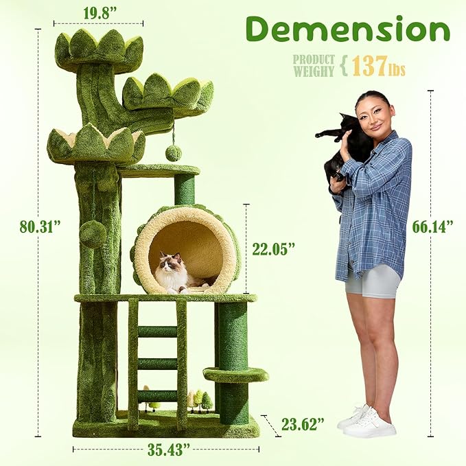 80.3'' Modern Cat Tree, Tall Cat Tower for Indoor Cats Adults, Luxury Climb Tower with Scratching Post, Heavy Duty Cat Condo with Ladder, Toys, Double Sided Mat, Lotus Perch for Multi-Cat Families-PawvioPets