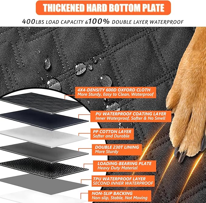 Back Seat Extender for Dogs Hard Bottom, Upgraded 7-Layer PU Leather Dog Car Seat Cover with Support 400lbs, Waterproof Dog Hammock Bed Backseat, Anti-Scratch Pet Seat Extender for Car, SUV, Truck-PawvioPets