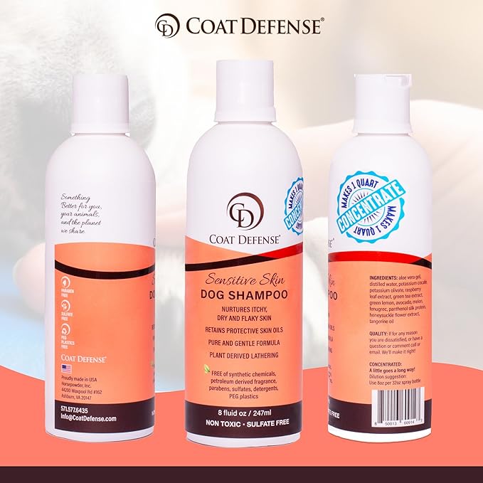 COAT DEFENSE Sensitive Dogs Shampoo | Made in USA | All-Natural Hypoallergenic - Soothes and Relieves Itchy & Dry Skin | 8 Ounces Concentrated Makes 32 Ounces-PawvioPets
