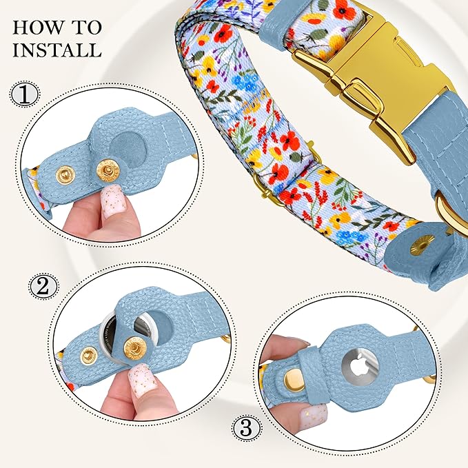 AirTag Dog Collar for Small Medium Large Breed - Adjustable Cute Pattern Dog Collar with Airtag Holder - Soft Leather Tracker GPS Apple Air Tag Pet Collars (Small, 12"-15" Neck Fit, Floral)-PawvioPets