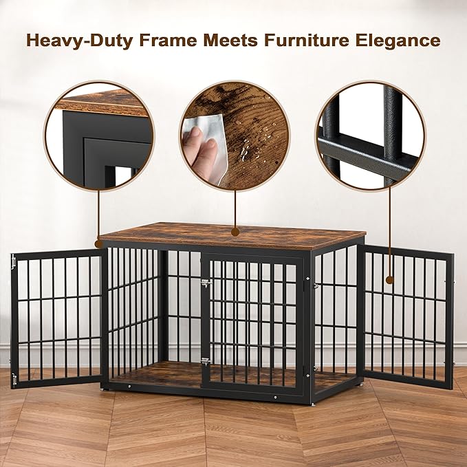 48 Inch Rustic Heavy Duty Dog Crate Furniture for Extra Large Dogs, Decorative Pet House End Table, Wooden Cage Kennel Furniture Indoor, Black and Brown-PawvioPets