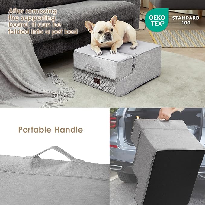 EHEYCIGA Dog Stairs for Small Dogs 13.5" H, 3-Step Dog Steps for Couch Sofa and Chair, Pet Steps for Medium Cats, Non-Slip Balanced Pet Ramp Indoor, Light Grey-PawvioPets