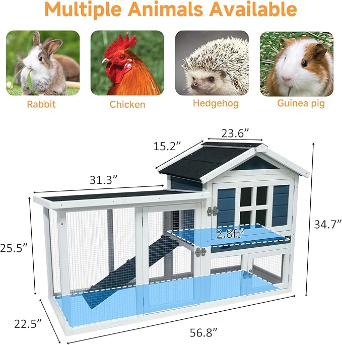 GARWOOD Large Outdoor Indoor Rabbit Hutch Wooden Bunny Rabbit Cage 2-Story with Run No-Leak Pull-Out Tray Waterproof Asphalt Roof Ramp for Guinea Pig Small Animal Wood Pet House Home Blue White-PawvioPets