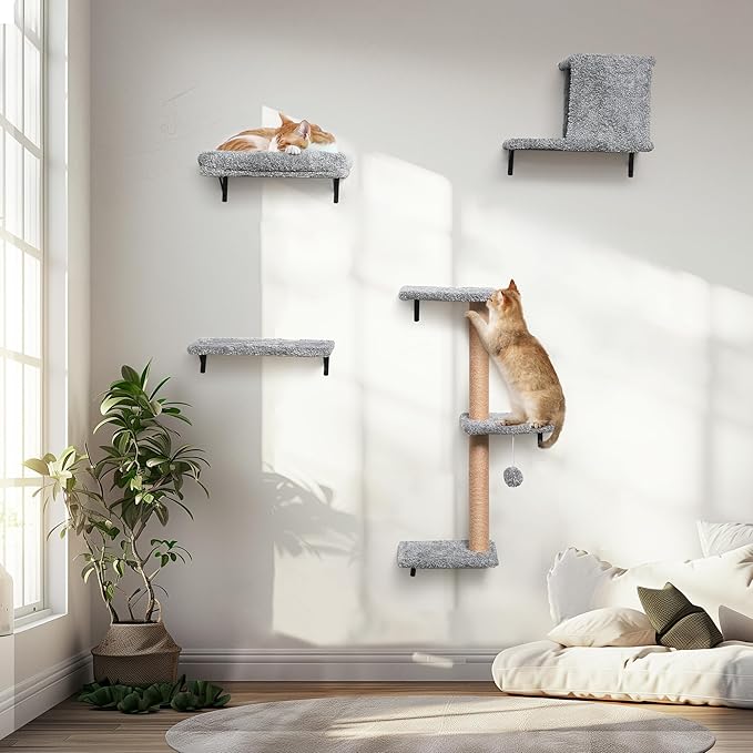 FUKUMARU Cat Wall Shelves, Stable & Safe 4 in 1 Cat Furniture Set, Wooden Climbing Wall with Scratching Post for 16 Inch Drywall - Light Gray-PawvioPets