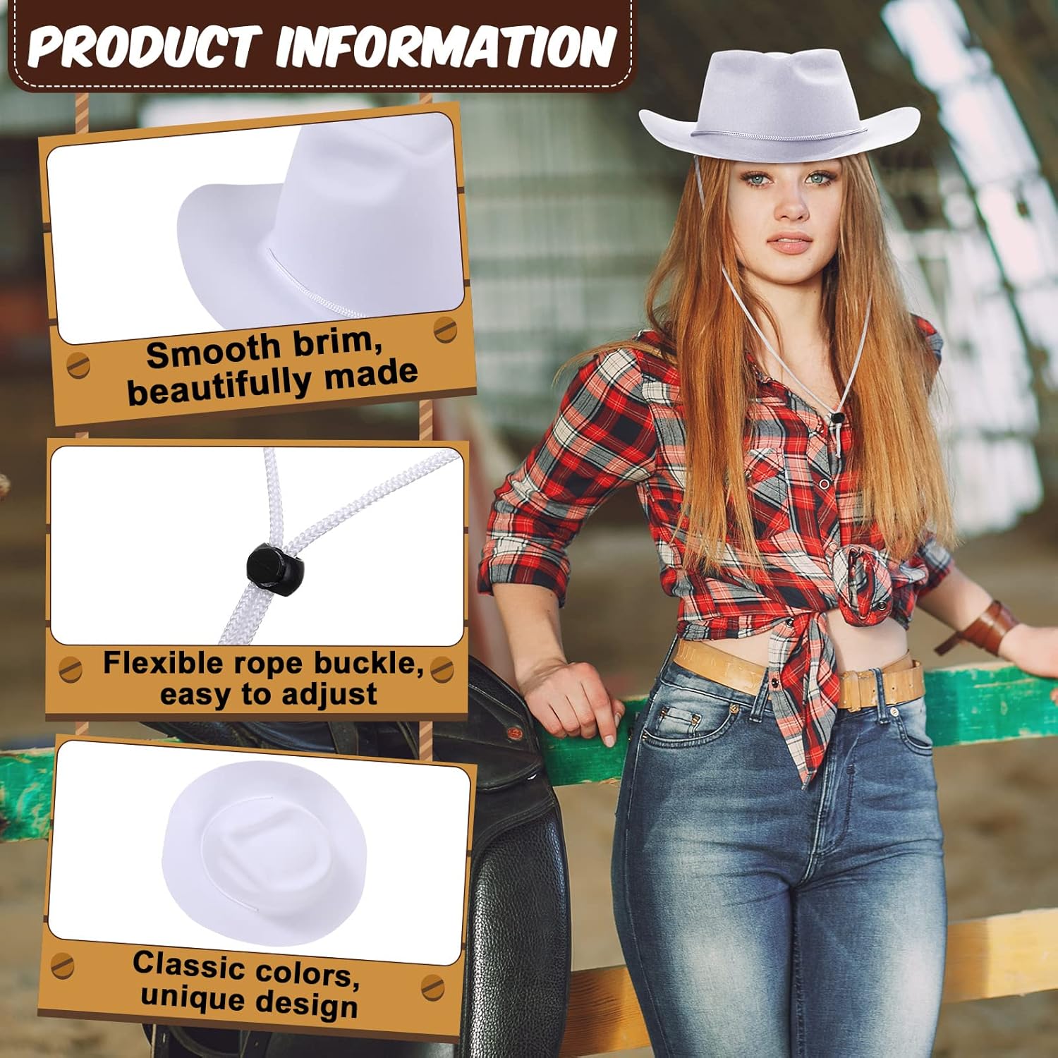Mepase 24 Pieces Disposable Plastic Western Cowboy Hat Set Felt Wide Brimmed Cowgirl Hats for Men Women Costume Party(White)