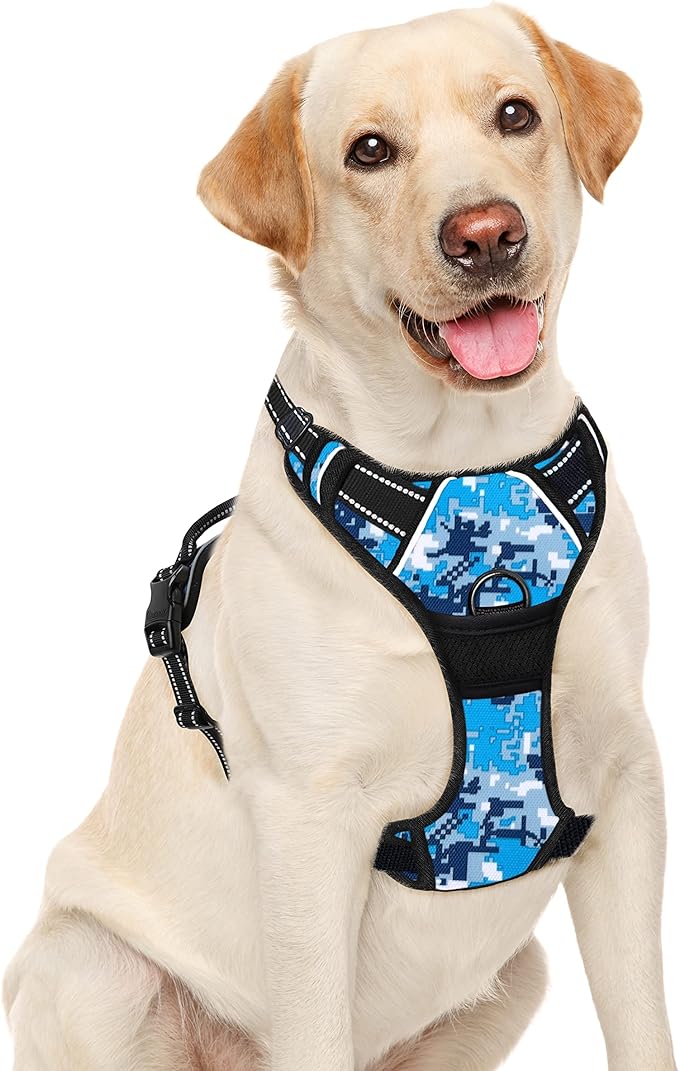 BARKBAY No Pull Dog Harness Large Step in Reflective Dog Harness with Front Clip and Easy Control Handle for Walking Training Running(Blue camo,L)-PawvioPets