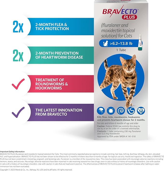 BRAVECTO Plus Topical Solution for Cats, Flea, Tick & Heartworm, 2 Months Supply, 2.6-6.2 lbs., Green Box-PawvioPets