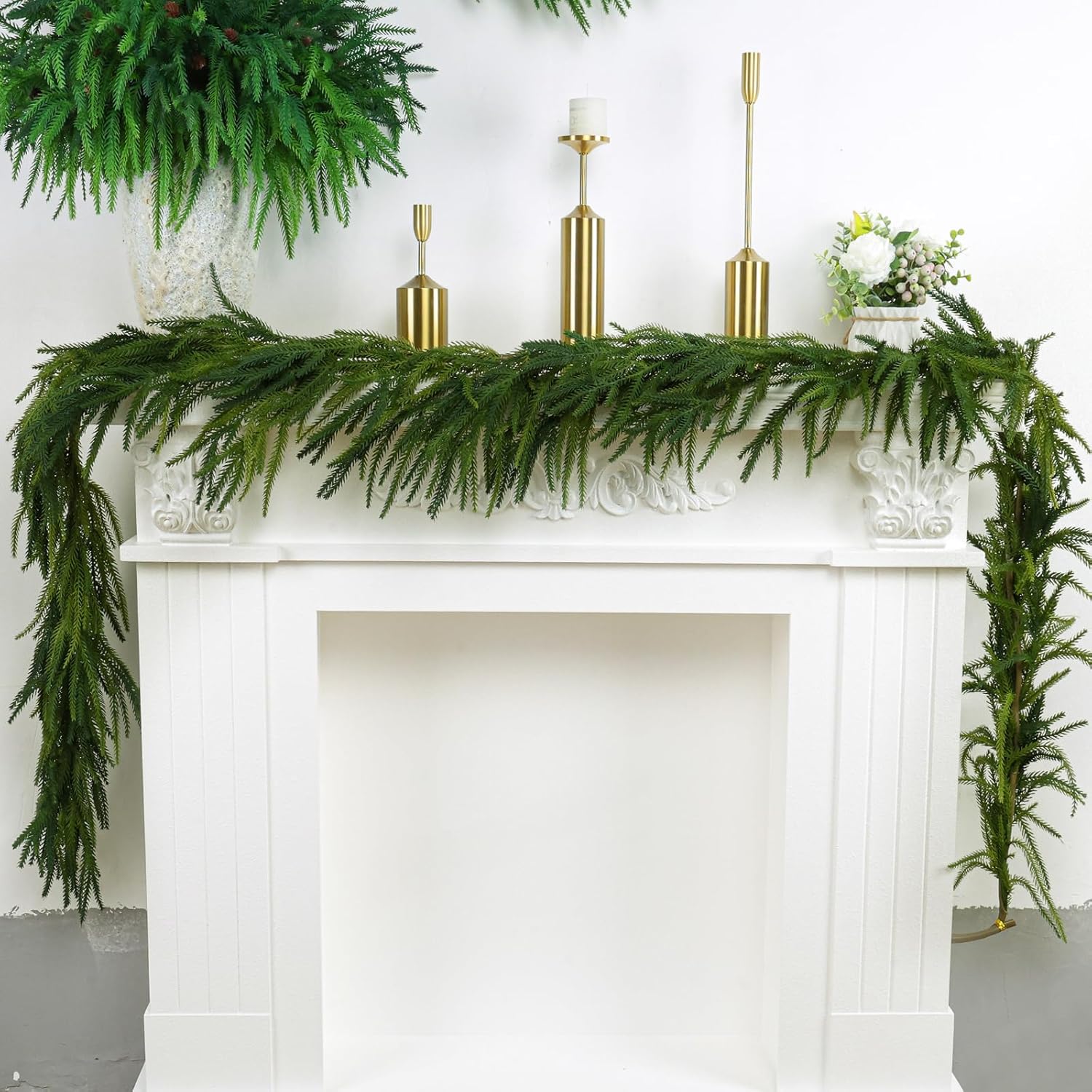 3 Pcs Artificial Norfolk Pine Garlands Christmas, 9 FT Dense Real Touch Winter Pine Garland Ornament, Green Artificial Greenery Garland for Table, Mantle, Wall, Indoor, Outdoor Christmas Decorations