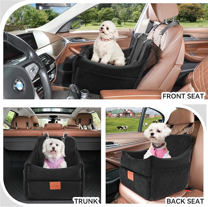 Dog Car Seat for Small/Medium Dogs, Dog Booster Car Seats with Thick Cushion for Dogs Under 35lbs, Detachable Washable Pet Car Seat with Storage Pockets, 2 Safety Belts(Black)-PawvioPets