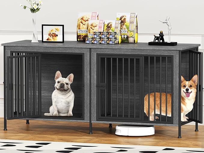 EasyCom 63" Dog Cage Furniture for 2 Pets with Divider, XL Wooden Double Dog Crate Furniture TV Stand for Mideum Breed, Durable and Sturdy-PawvioPets
