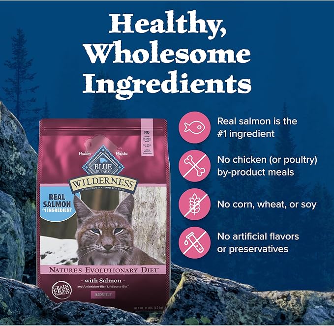 Blue Buffalo Wilderness Natural High Protein, Grain Free Dry Food for Adult Cats, Salmon, 11-lb Bag-PawvioPets