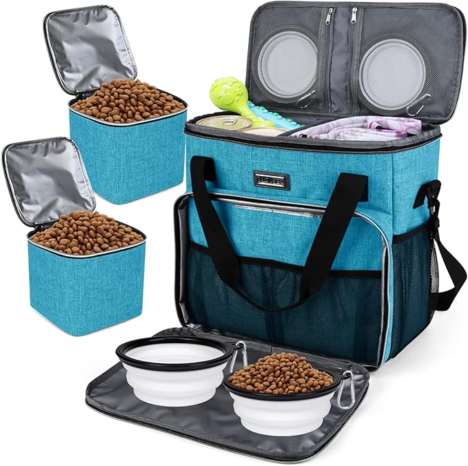 BAGLHER Dog Travel Bag, Pet Travel Bag (ALL Pet Travel Supplies), With 2 Pet Food Containers and 2 Collapsible Silicone Bowls; Essential Kits for Pet Travel Sky Blue-PawvioPets