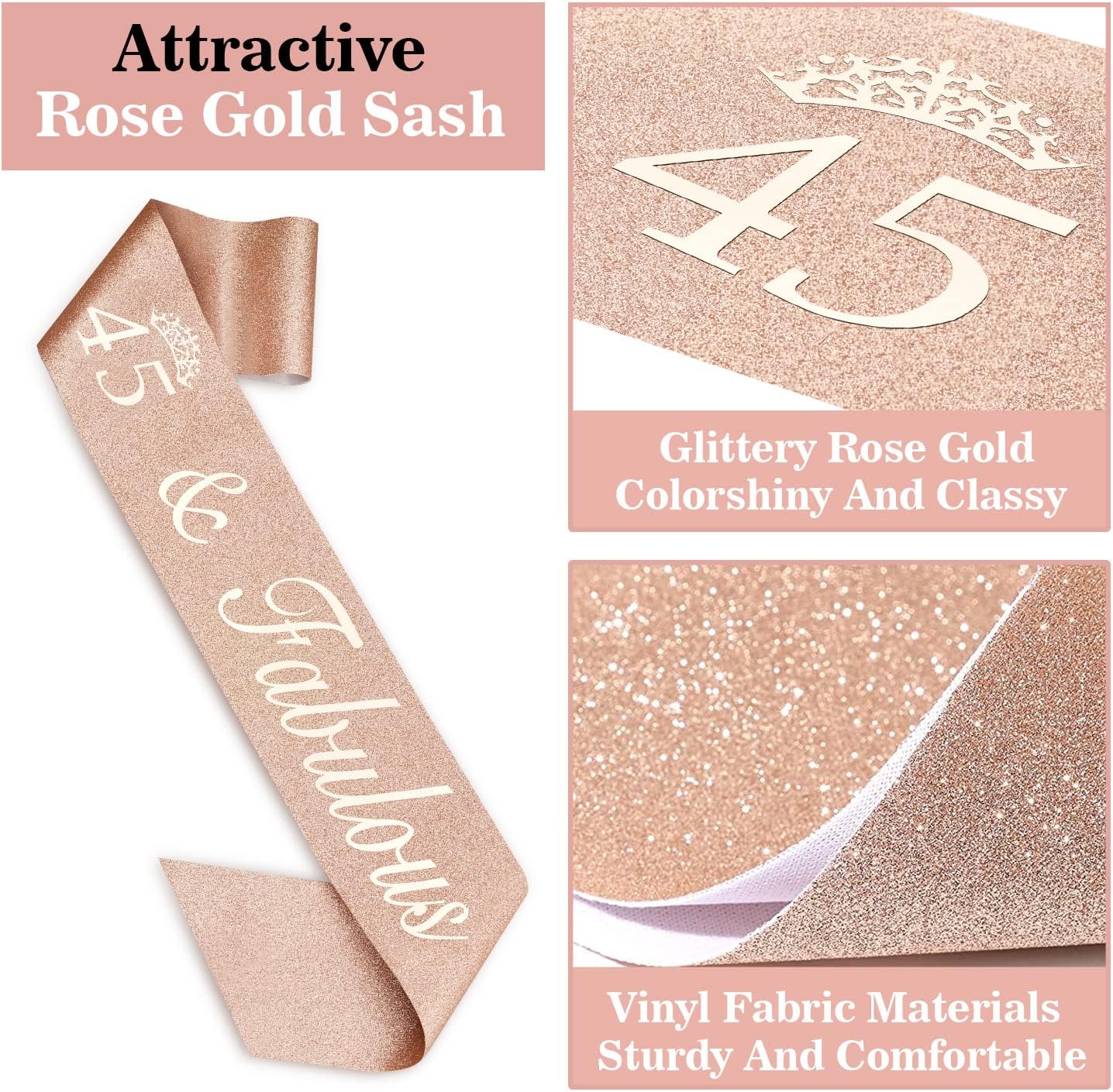 45 Birthday Decorations for Women Including Birthday Sash and Tiara, Cake Topper and Candles, 45 Year Old Gifts for Women, Rose Gold Party Decor Supplies