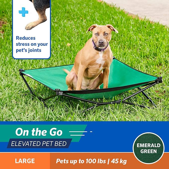 Coolaroo On-The-Go Elevated Dog Bed - Foldable Pop-Up Travel Dog Bed with Breathable, Moisture-Resistant Fabric, Carry Bag Included, Lightweight & Portable, Emerald Green, Large-PawvioPets