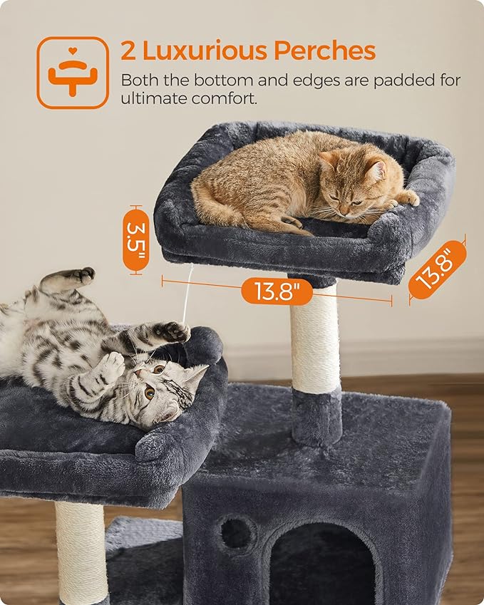 FEANDREA Cat Tree, Cat Tower for Indoor Cats, 56.3-Inch Cat Condo with Scratching Posts, Hammock, Plush Perch, Smoky Gray UPCT15GYZ-PawvioPets