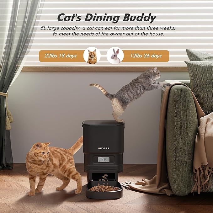 Automatic Cat Feeder - Nityers 4L Timed Cat Dry Food Dispenser, Programmable Portion Size,1-6 Meals Per Day, Dual Power Supply, Detachable Washable, Auto Pet Feeder for Cats and Small Dogs-PawvioPets