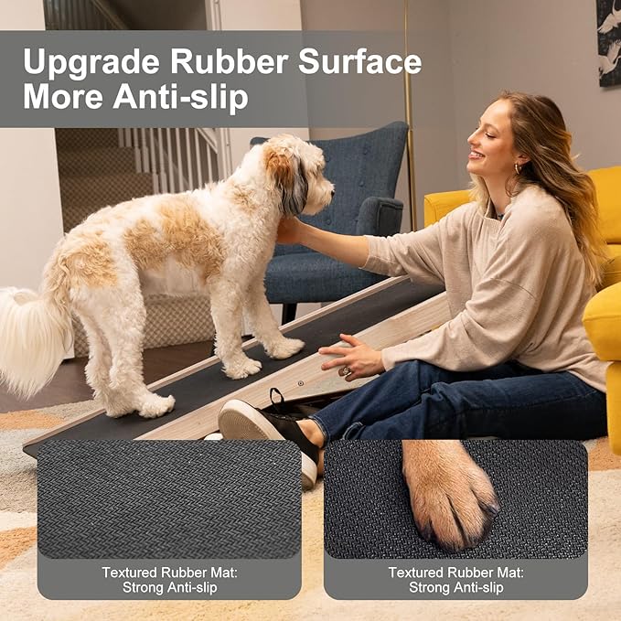 Folding Wooden Dog Ramp for Bed, Couch & Car,45IN Long- 5 Level Adjustable Pet Ramp, Non-Slip Rubber Mat, 17.7'' Extra Wide - Supports Small & Large Senior Dogs & Cats up to 200 lbs-PawvioPets