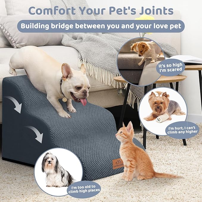 Dog Ramp and Stair for Bed 16" H-20 H,3-Step Cat Stair for Sofa and Chair,4-Step Dog Ramp for High Bed and Window,Durable Nonslip Fabric Cover for Indoor (Dark Grey-16 H, Pet Friendly, 3)-PawvioPets