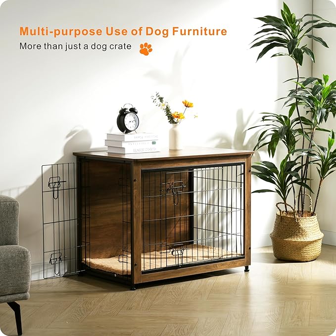DWANTON Dog Crate Furniture with Cushion, Wooden Kennel Table with Double Doors, Indoor Dog House, Medium Size, 32.5" L, Warm Brown-PawvioPets