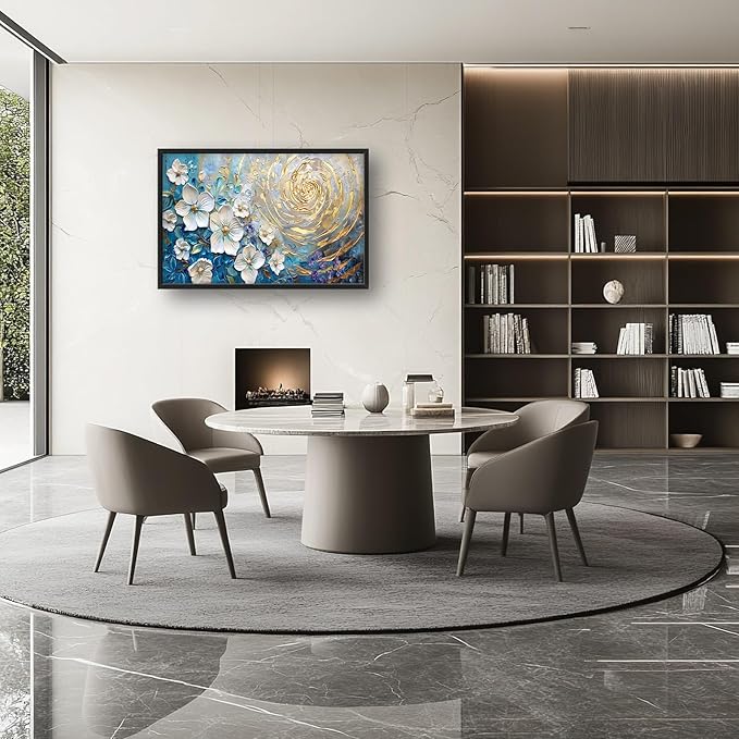 Flower Large Wall Art White Floral Pictures Abstract Golden Spiral Texture Wall Decor Canvas Print Painting Artwork for Bathroom Living Room Bedroom 36L" x 24W"-PawvioPets