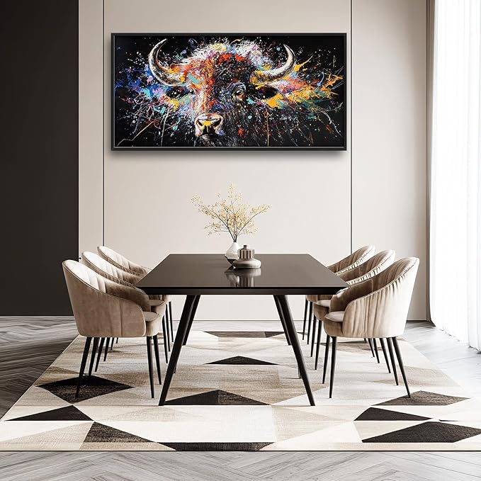 Framed Large Bison Buffalo Wall Art for Living Room, Oversized Graffiti Yak Cow Wall Decor Banksy Bull Canvas Painting Animal Pictures Modern Artwork for Living Room Bedroom Office 60"x30"-PawvioPets