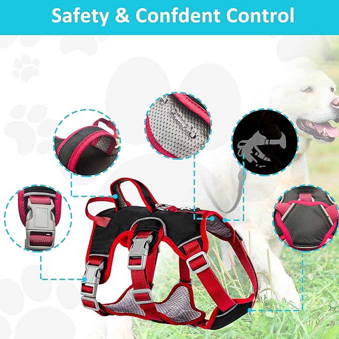 Escape Proof Dog Harness, No Pull Reflective Adjustable Vest with Easy Control Lift Handle, No Choke Soft Padded Breathable Full Body Pet Harness for Walking Hiking and Training (Red, Small)-PawvioPets