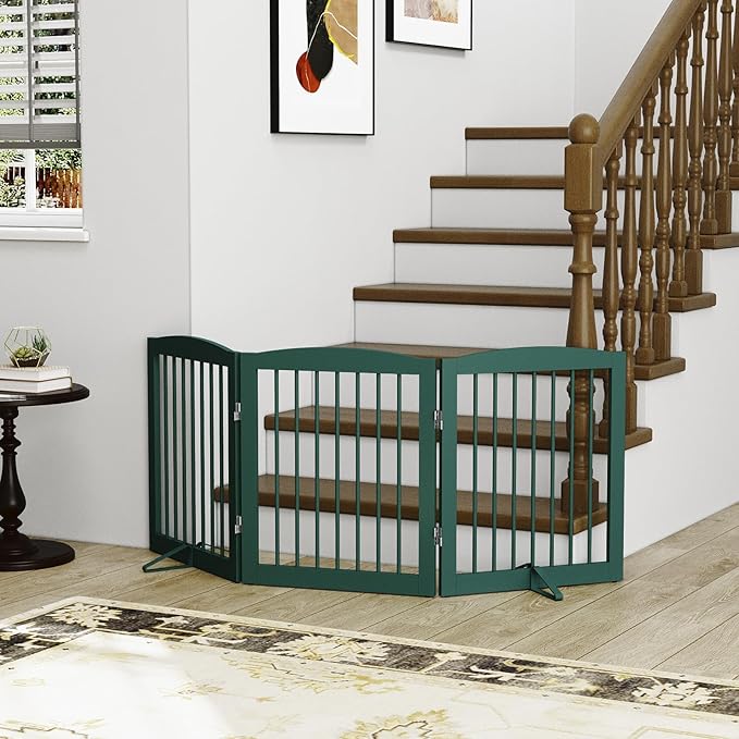 Freestanding Pet Gate for Dogs, Foldable Wooden Dog Gate for House, Indoor Dog Gate for Doorways, Stairs, Step Over Pet Puppy Safety Fence, Support Feet Included,24" Height 3 Panels,Green-PawvioPets