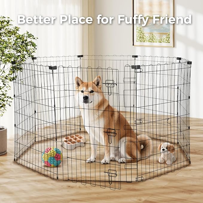 Foldable Dog Playpen 36" Height 8 Panels Metal Exercise Pen with Door - Indoor/Outdoor Dog Play Pen for Small-Medium Dogs, Portable Pet Fence for Yard Garden Camping, Black-PawvioPets
