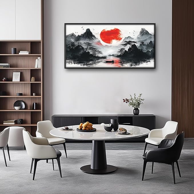 Framed Large Japanese Mountain Wall Art for Living Room, Oversized Asian Red Sun Lake Landscape Wall Decor Nature Canvas Painting Home Decoration for Living Room Bedroom Office 60"x30"-PawvioPets